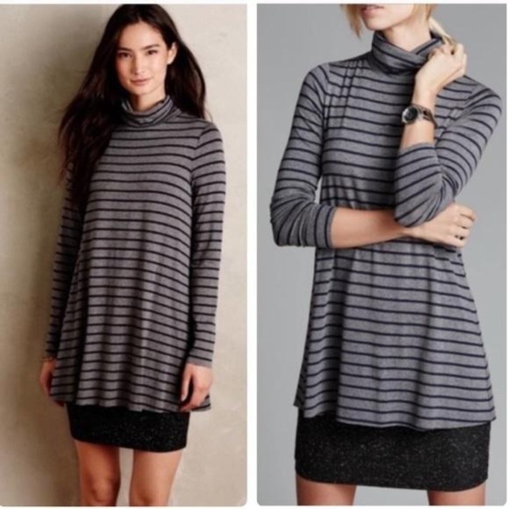Anthropologie Bailey 44 Navy & Gray Striped Turtleneck Layered Dress - Picture 2 of 8